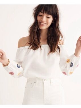 Madewell white off the shoulder top with floral embroidered accents